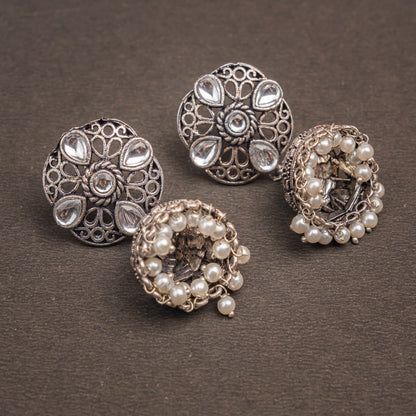 White Stone Studded Statement Earrings With Hanging Jhumka Embellished With Baby Pearls