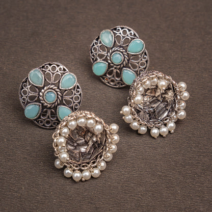 Mint Stone Studded Statement Earrings With Hanging Jhumka Embellished With Baby Pearls