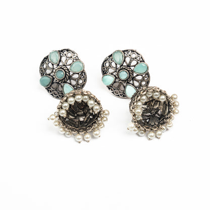 Mint Stone Studded Statement Earrings With Hanging Jhumka Embellished With Baby Pearls
