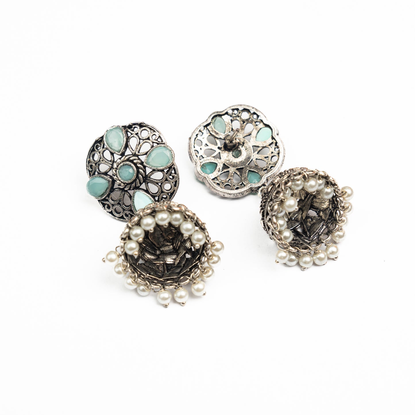 Mint Stone Studded Statement Earrings With Hanging Jhumka Embellished With Baby Pearls
