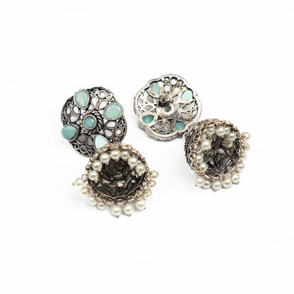 Mint Stone Studded Statement Earrings With Hanging Jhumka Embellished With Baby Pearls