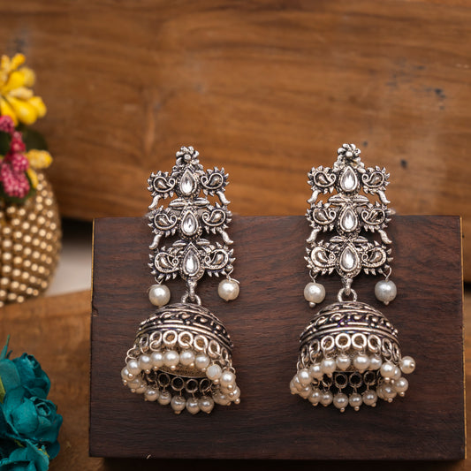 White Stone Studded Statement German Silver Danglers With Brass Jhumki