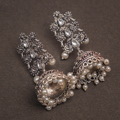White Stone Studded Statement German Silver Danglers With Brass Jhumki