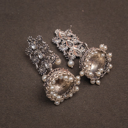 White Stone Studded Statement German Silver Danglers With Brass Jhumki