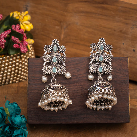 Mint Stone Studded Statement German Silver Danglers With Brass Jhumki