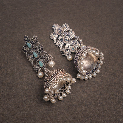 Mint Stone Studded Statement German Silver Danglers With Brass Jhumki