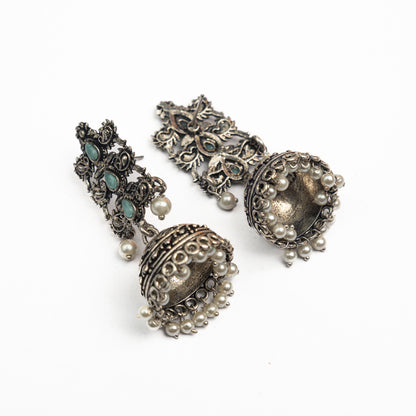 Mint Stone Studded Statement German Silver Danglers With Brass Jhumki