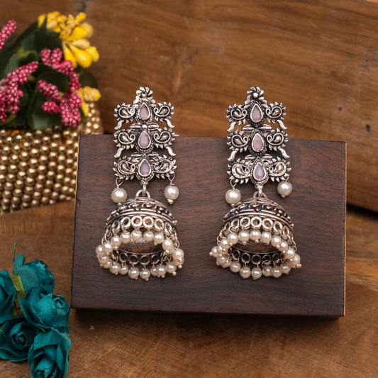 Baby Pink Stone Studded Statement German Silver Danglers With Brass Jhumki