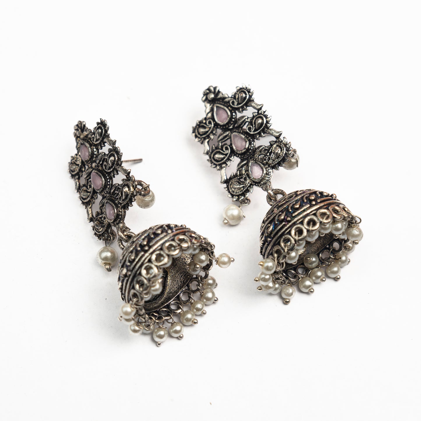 Baby Pink Stone Studded Statement German Silver Danglers With Brass Jhumki