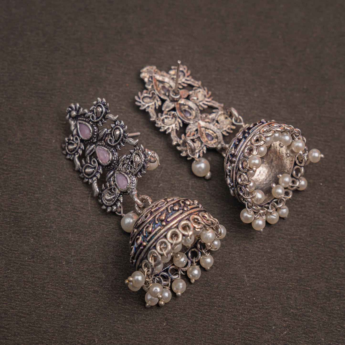 Baby Pink Stone Studded Statement German Silver Danglers With Brass Jhumki