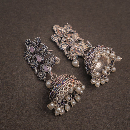 Baby Pink Stone Studded Statement German Silver Danglers With Brass Jhumki