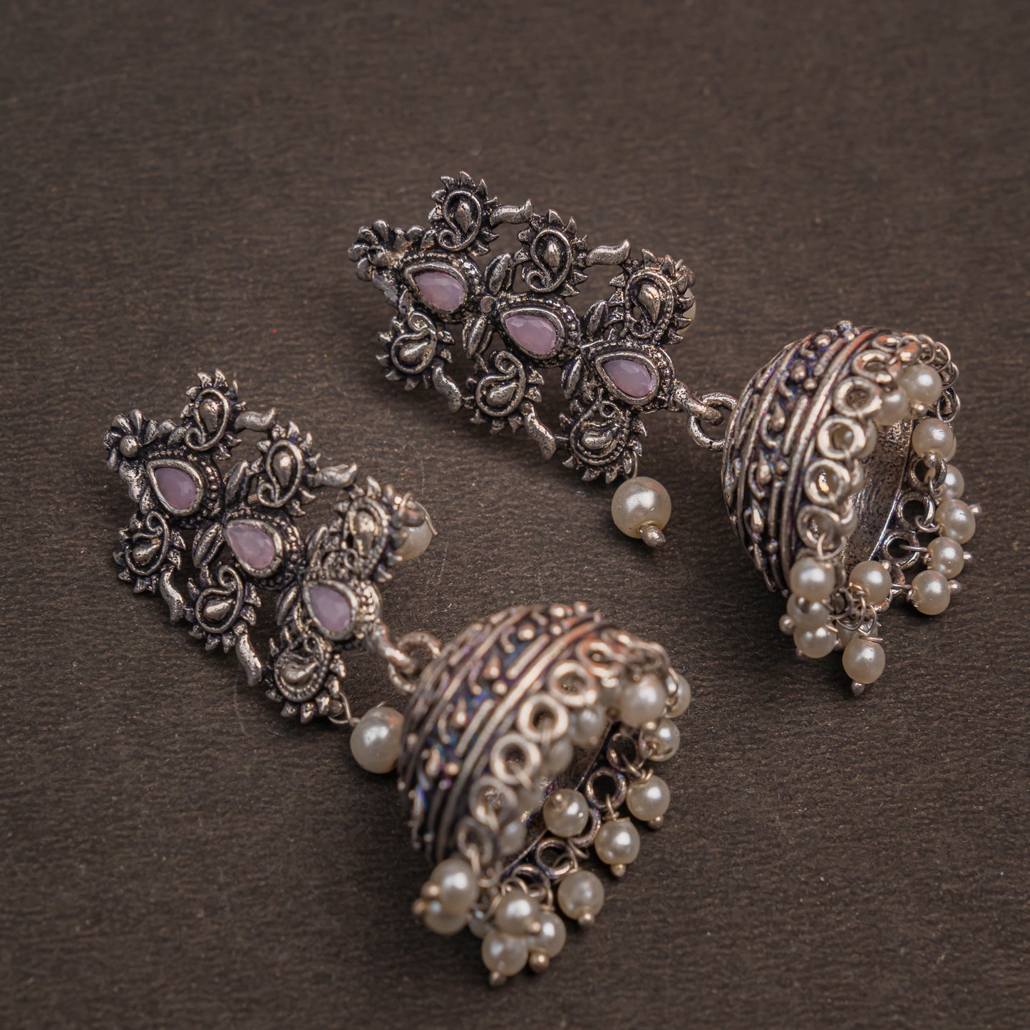 Baby Pink Stone Studded Statement German Silver Danglers With Brass Jhumki