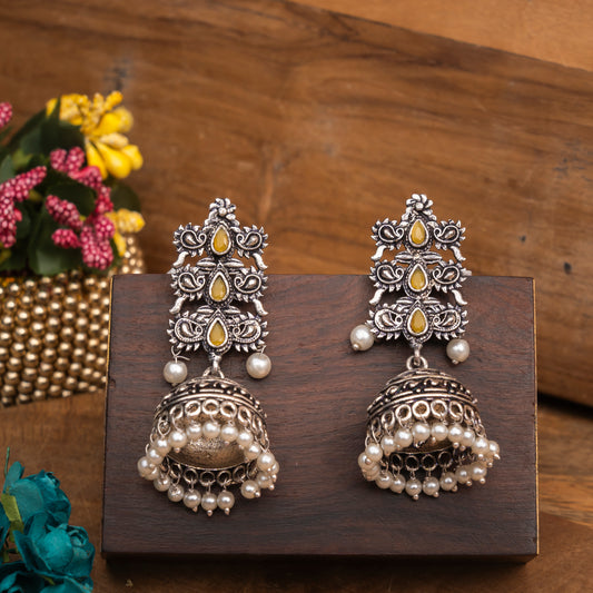Yellow Stone Studded Statement German Silver Danglers With Brass Jhumki