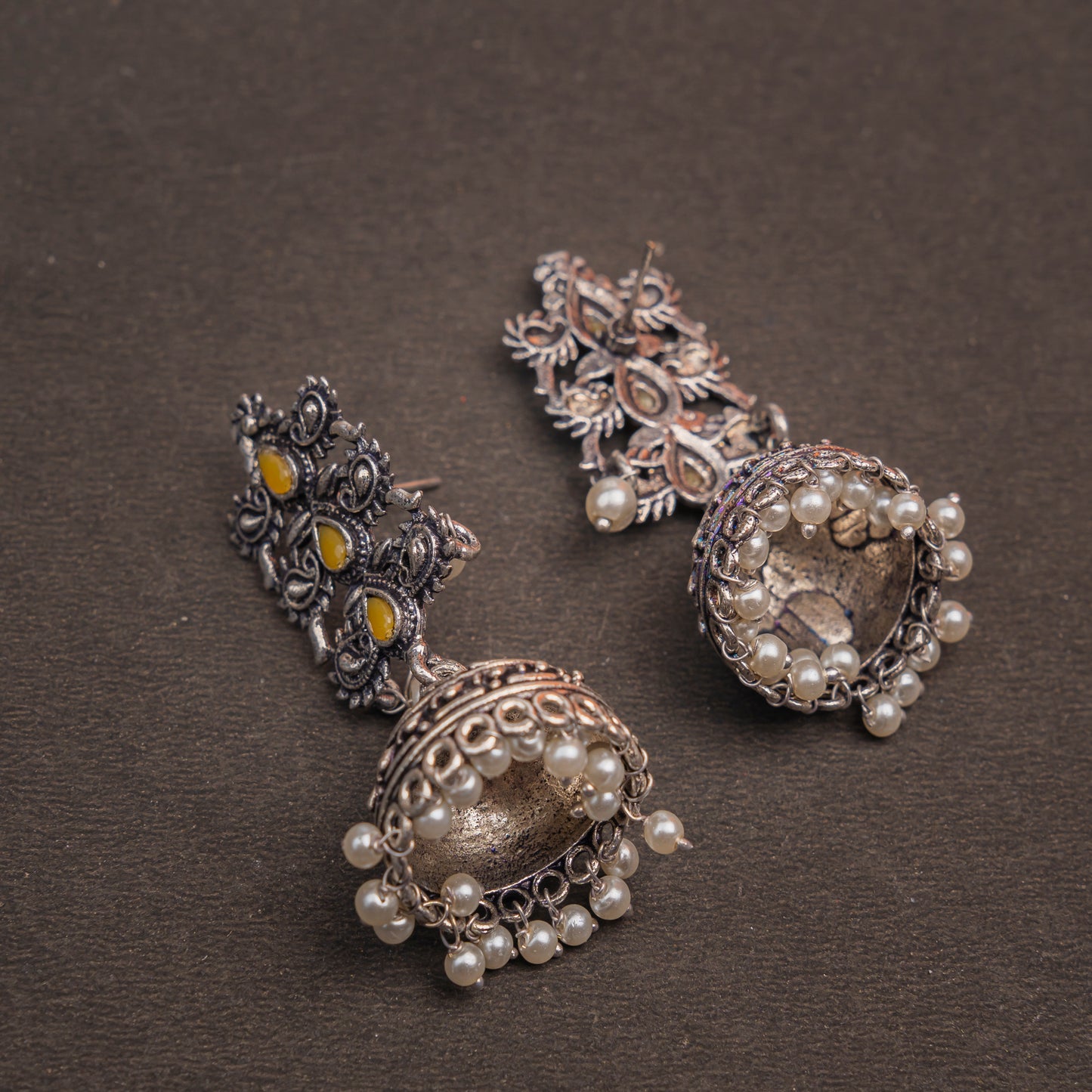 Yellow Stone Studded Statement German Silver Danglers With Brass Jhumki