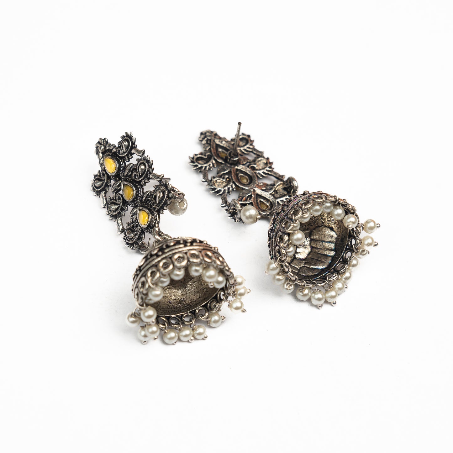 Yellow Stone Studded Statement German Silver Danglers With Brass Jhumki