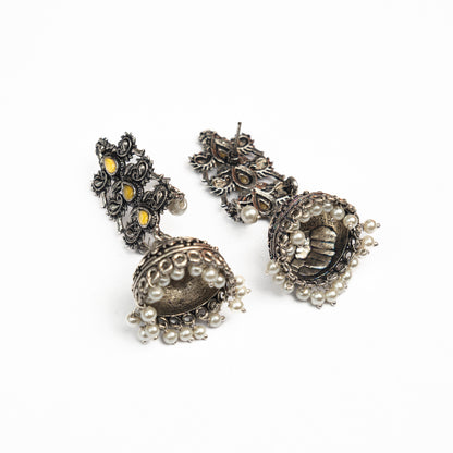 Yellow Stone Studded Statement German Silver Danglers With Brass Jhumki