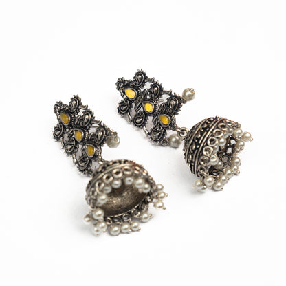 Yellow Stone Studded Statement German Silver Danglers With Brass Jhumki