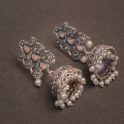 Light Orangish Stone Studded Statement German Silver Danglers With Brass Jhumki