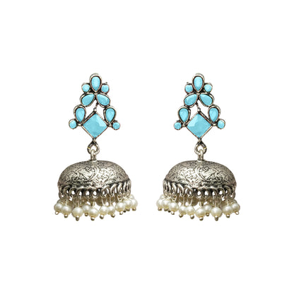 Sky Blue Stone Studded German Silver Dangler Earrings With Brass Jhumki