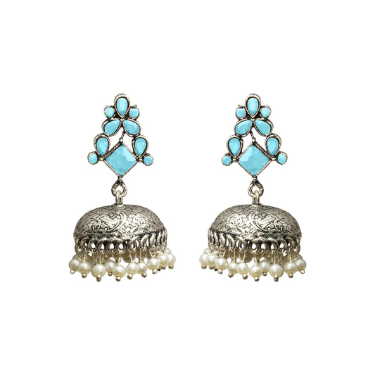 Sky Blue Stone Studded German Silver Dangler Earrings With Brass Jhumki