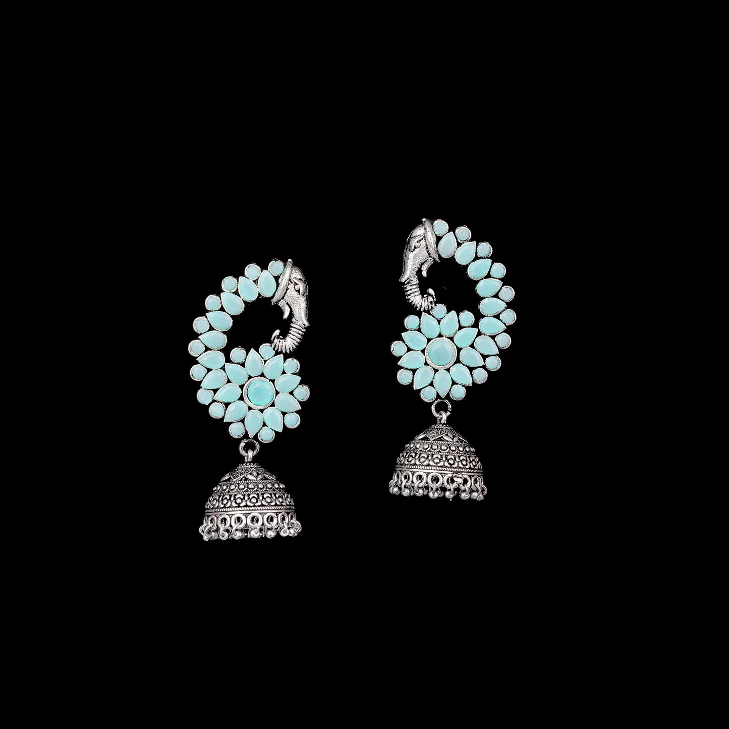 Mint Stone Studded Peacock German Silver Earrings