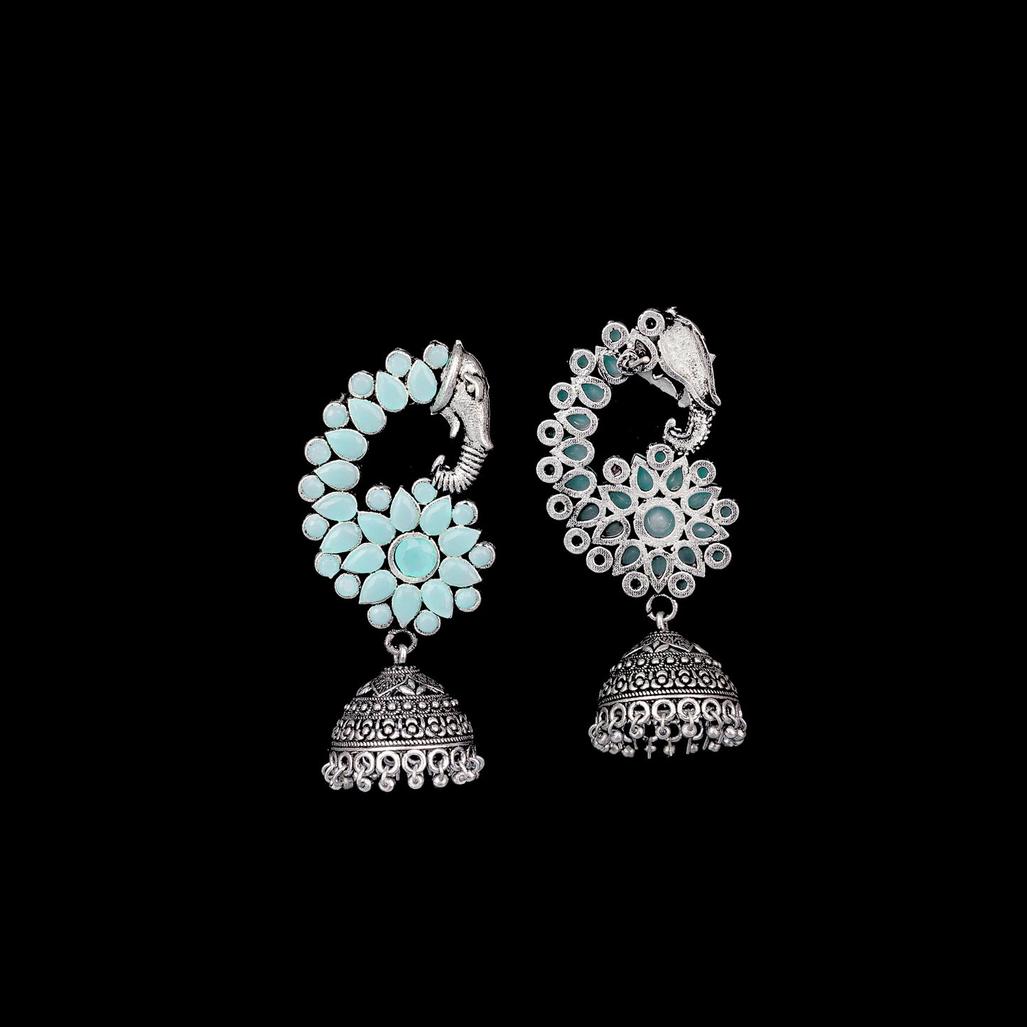 Mint Stone Studded Peacock German Silver Earrings