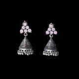 Baby Pink Stone Studded Conical Oxidized Earrings With Hanging Jhumki