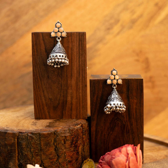 Light Orangish Stone Studded Conical Oxidized Earrings With Hanging Jhumki