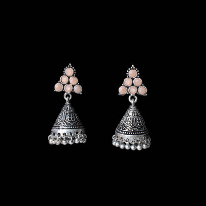 Light Orangish Stone Studded Conical Oxidized Earrings With Hanging Jhumki