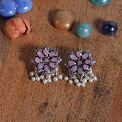 Baby Pink Stone Stone Studded Oxidised Earrings With Hanging Pearls