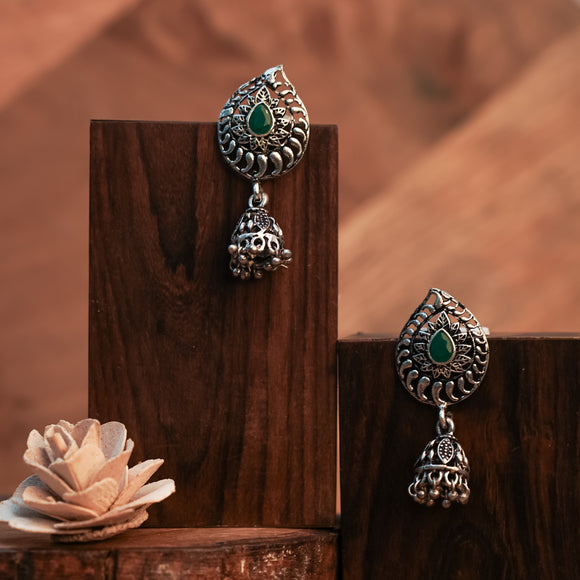 Green Stone Studded Oxidised Earrings With Hanging Jhumki
