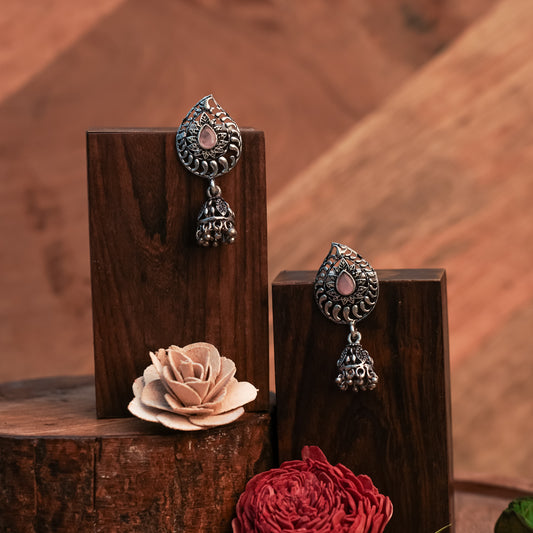Baby Pink Stone Studded Oxidized Earrings With Hanging Jhumki