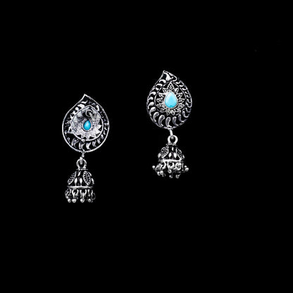 Sky Blue Stone Studded Oxidized Earrings With Hanging Jhumki