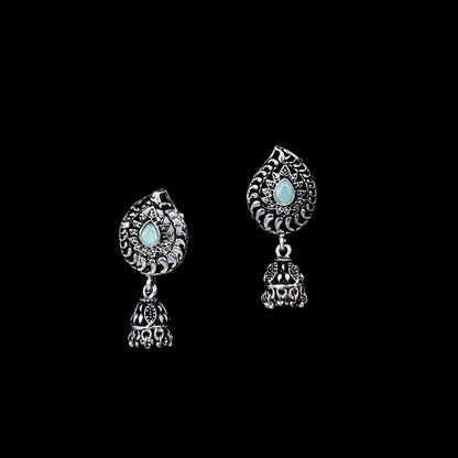 Mint Stone Studded Oxidized Earrings With Hanging Jhumki