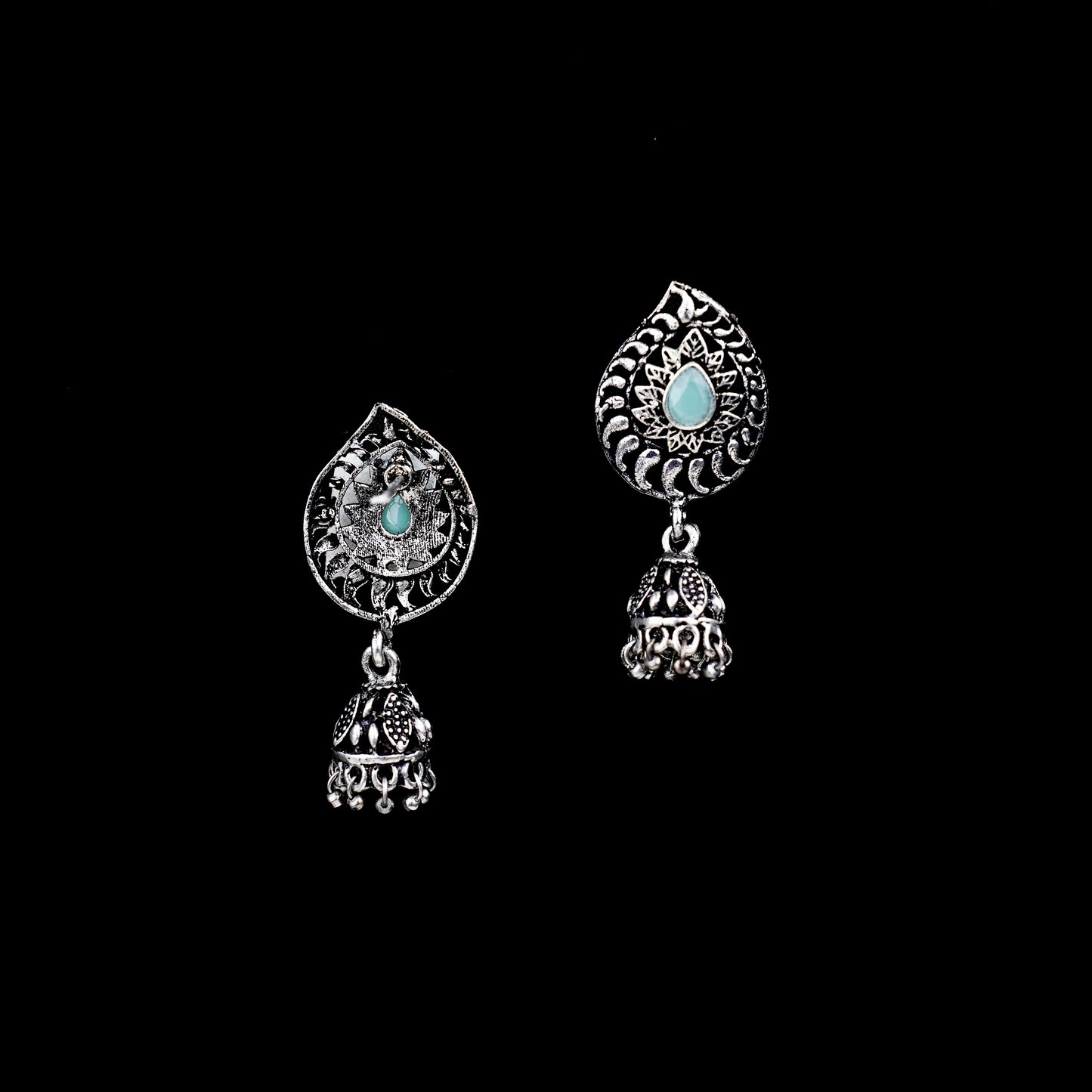 Mint Stone Studded Oxidized Earrings With Hanging Jhumki