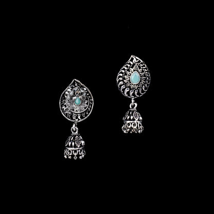 Mint Stone Studded Oxidized Earrings With Hanging Jhumki