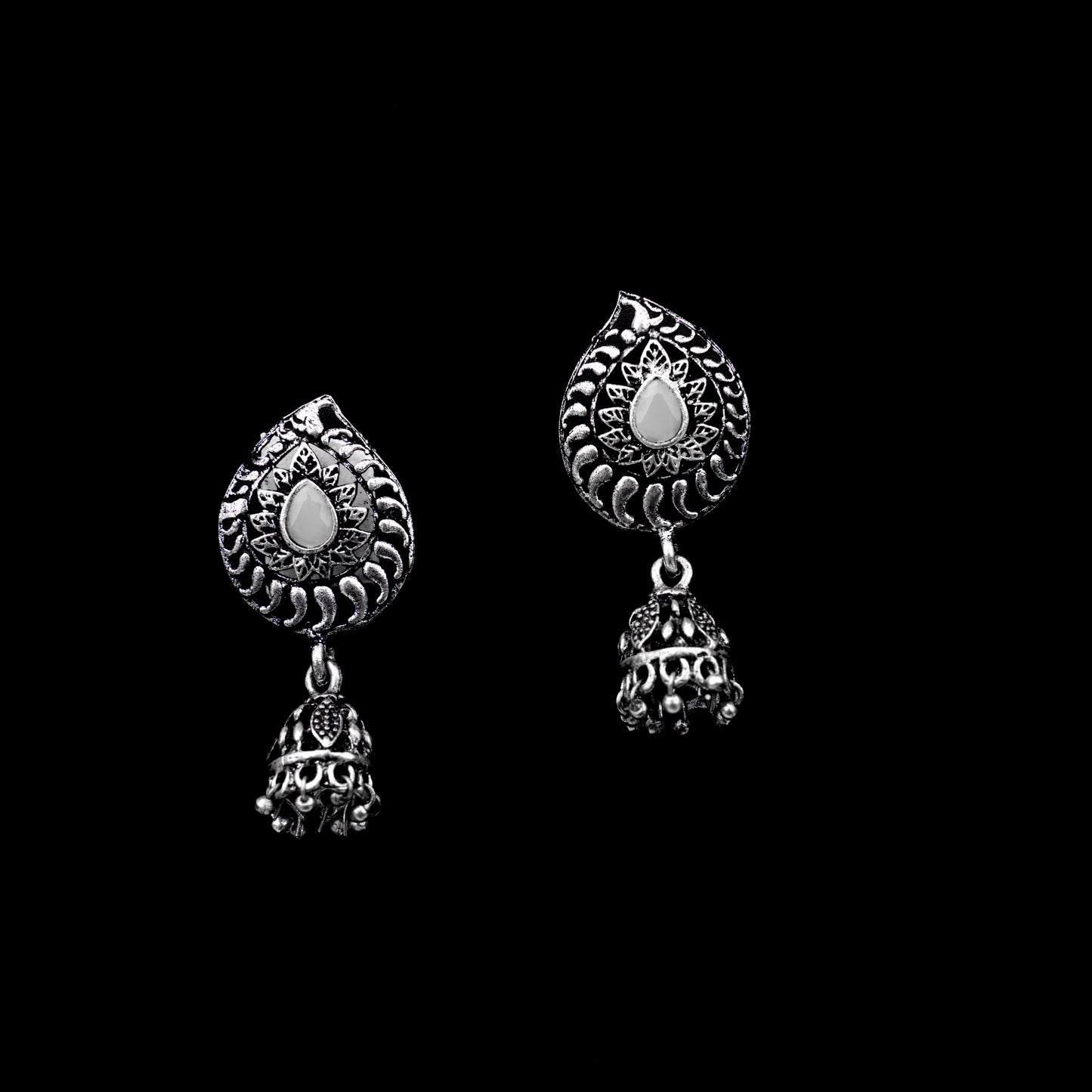 Grey Stone Studded Oxidized Earrings With Hanging Jhumki