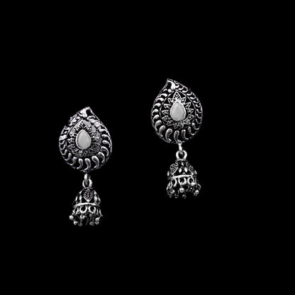 Grey Stone Studded Oxidized Earrings With Hanging Jhumki
