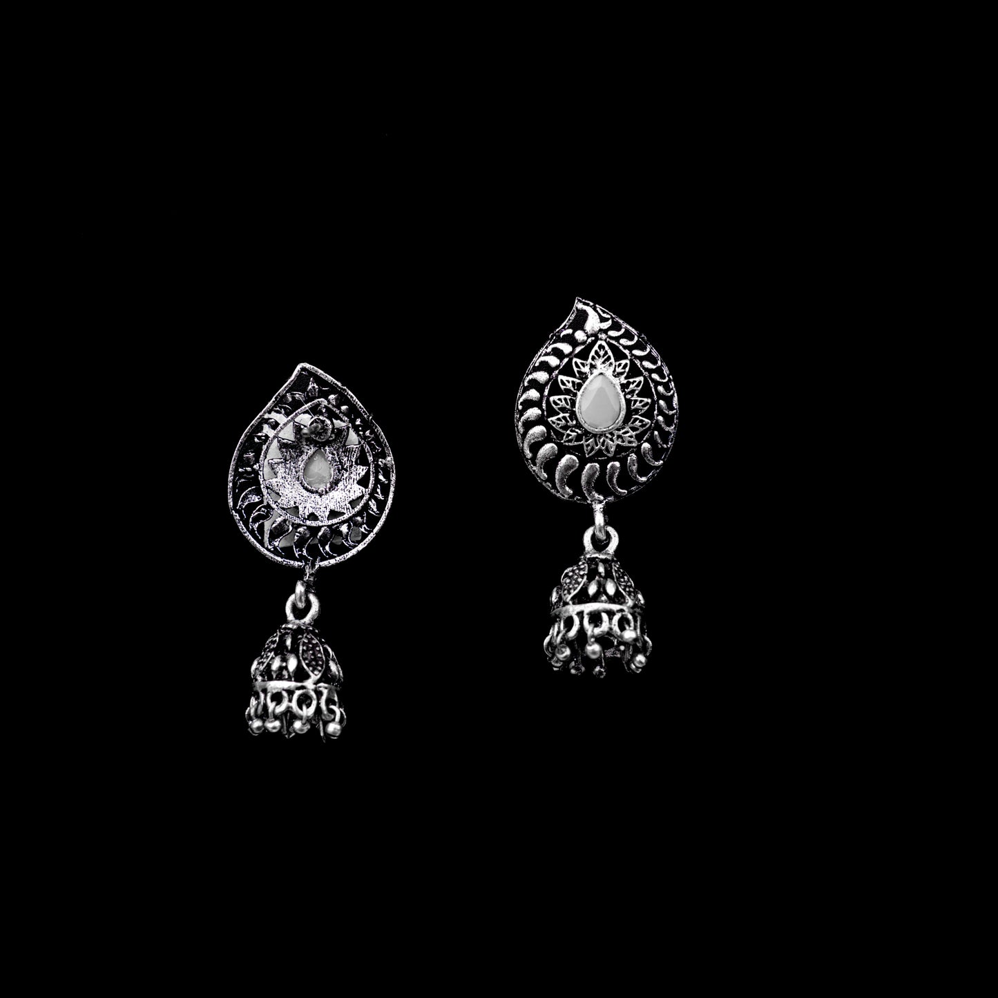 Grey Stone Studded Oxidized Earrings With Hanging Jhumki