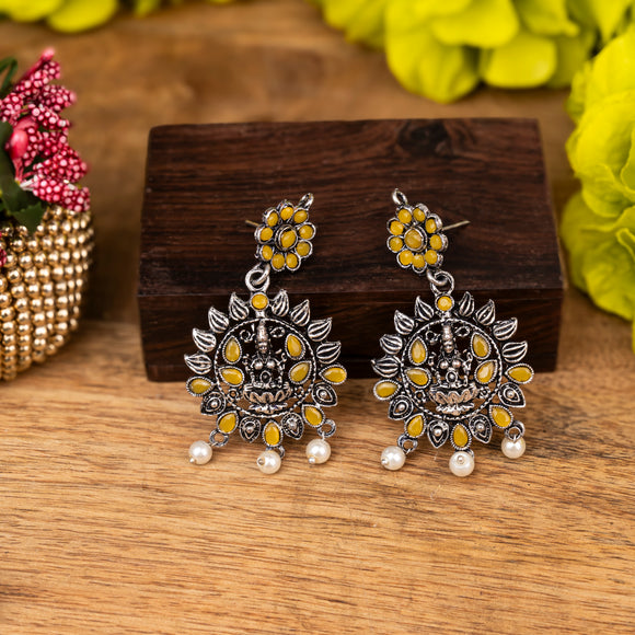 Yellow Stone Studded Laxmi Motif Oxidised Earrings With Hanging Pearls