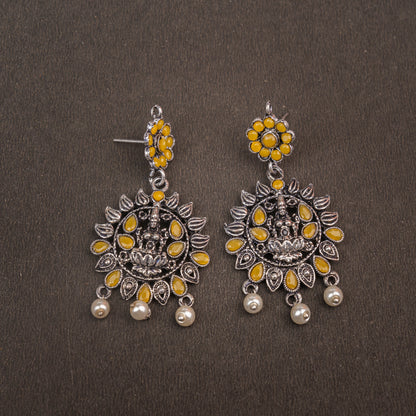 Yellow Stone Studded Laxmi Motif Oxidised Earrings With Hanging Pearls