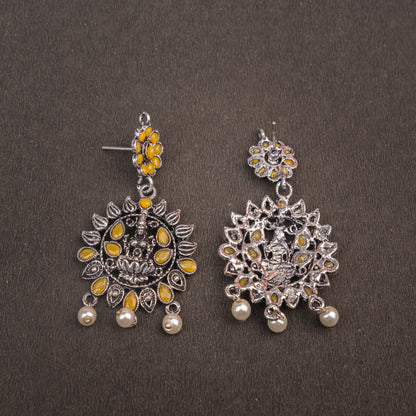 Yellow Stone Studded Laxmi Motif Oxidised Earrings With Hanging Pearls