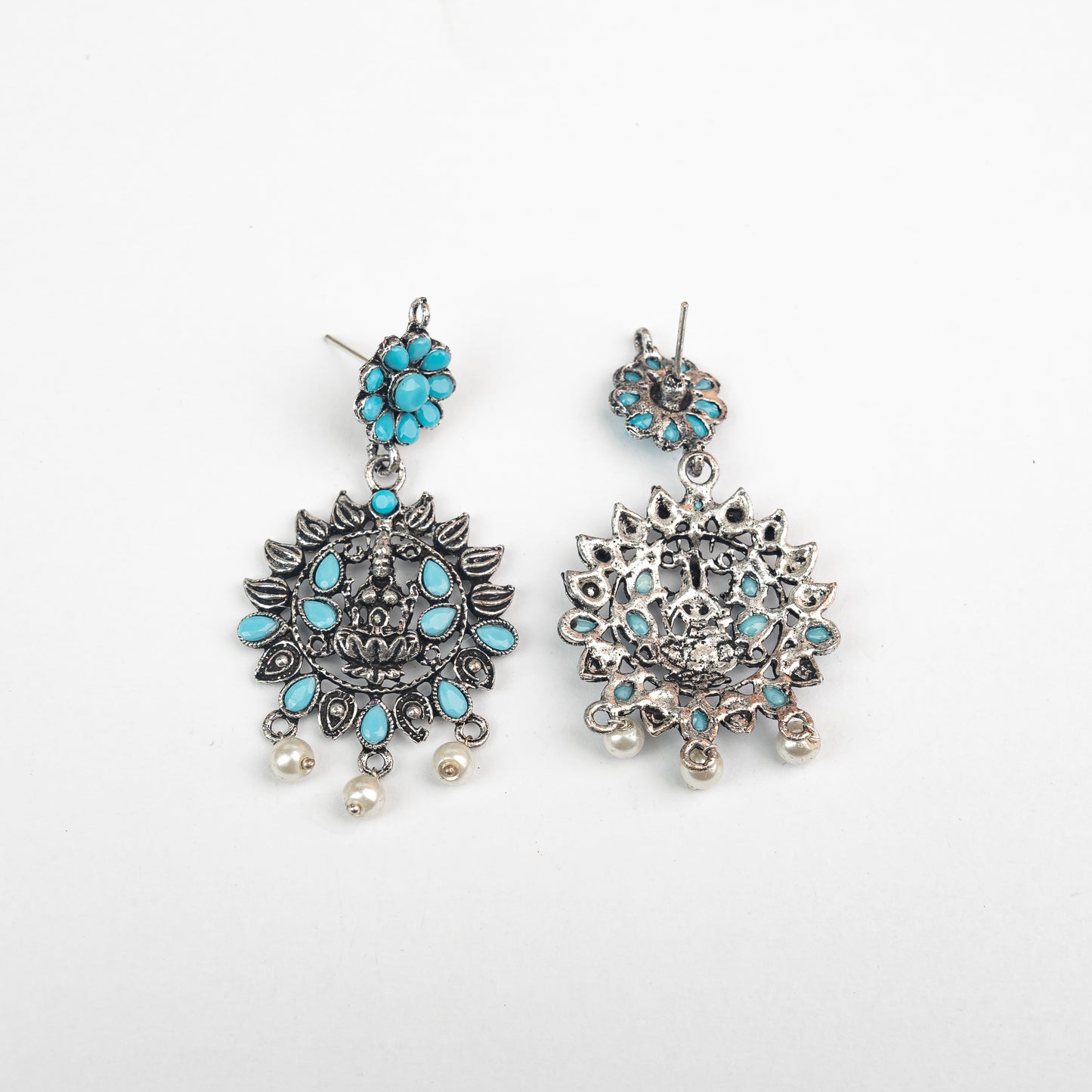 Sky Blue Stone Studded Laxmi Motif Oxidised Earrings With Hanging Pearls