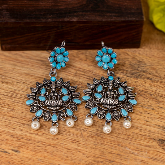 Sky Blue Stone Studded Laxmi Motif Oxidised Earrings With Hanging Pearls