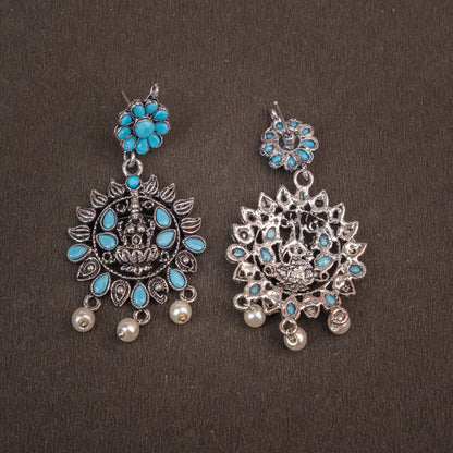 Sky Blue Stone Studded Laxmi Motif Oxidised Earrings With Hanging Pearls