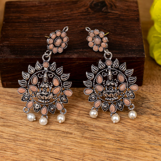 Light Orangish Stone Studded Laxmi Motif Oxidised Earrings With Hanging Pearls
