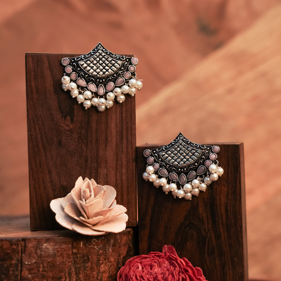 Baby Pink Stone Studded Lotus Petal Shaped Oxidised Earrings With Hanging Line Of Pearl