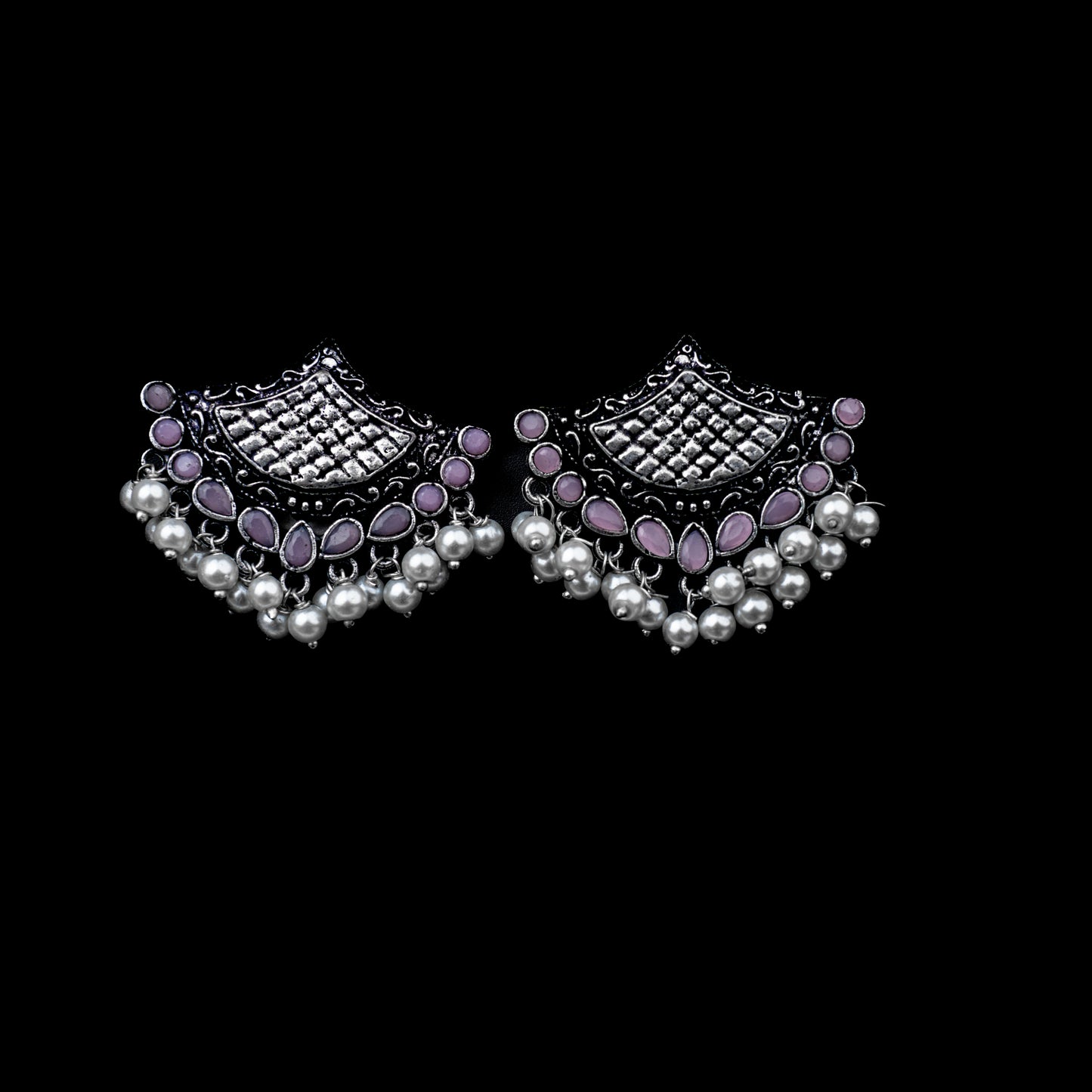 Baby Pink Stone Studded Lotus Petal Shaped Oxidised Earrings With Hanging Line Of Pearl