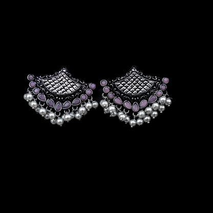 Baby Pink Stone Studded Lotus Petal Shaped Oxidised Earrings With Hanging Line Of Pearl