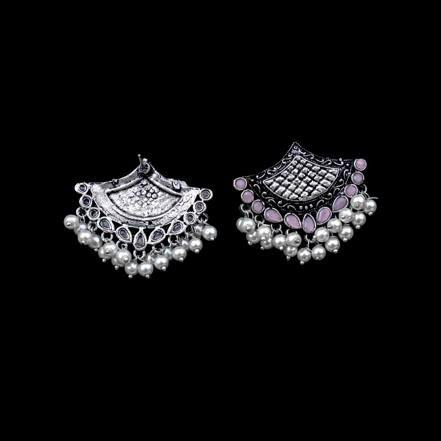 Baby Pink Stone Studded Lotus Petal Shaped Oxidised Earrings With Hanging Line Of Pearl